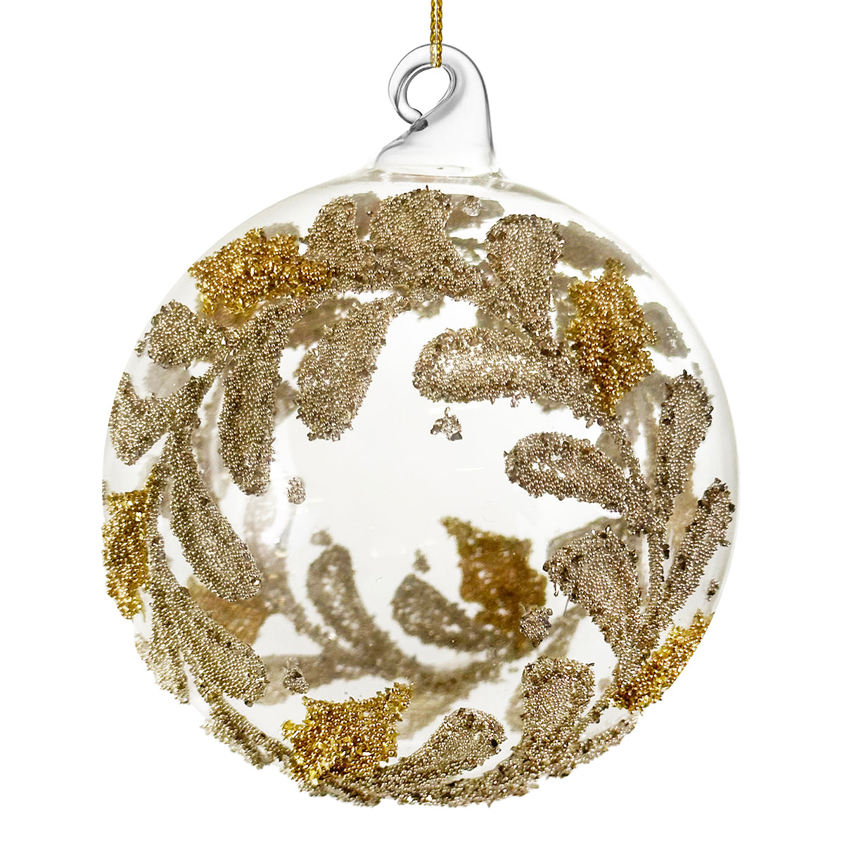 An image of Shishi Glass Ball Ornament clear gold / silver beaded wreath deco