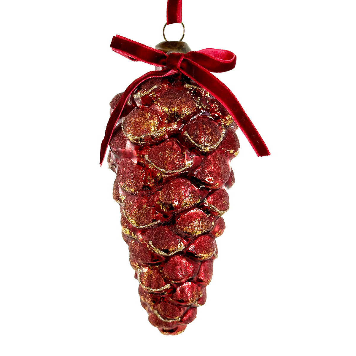 Shishi Cone Ornament - antique shiny red gold leaf beaded - 4.75"