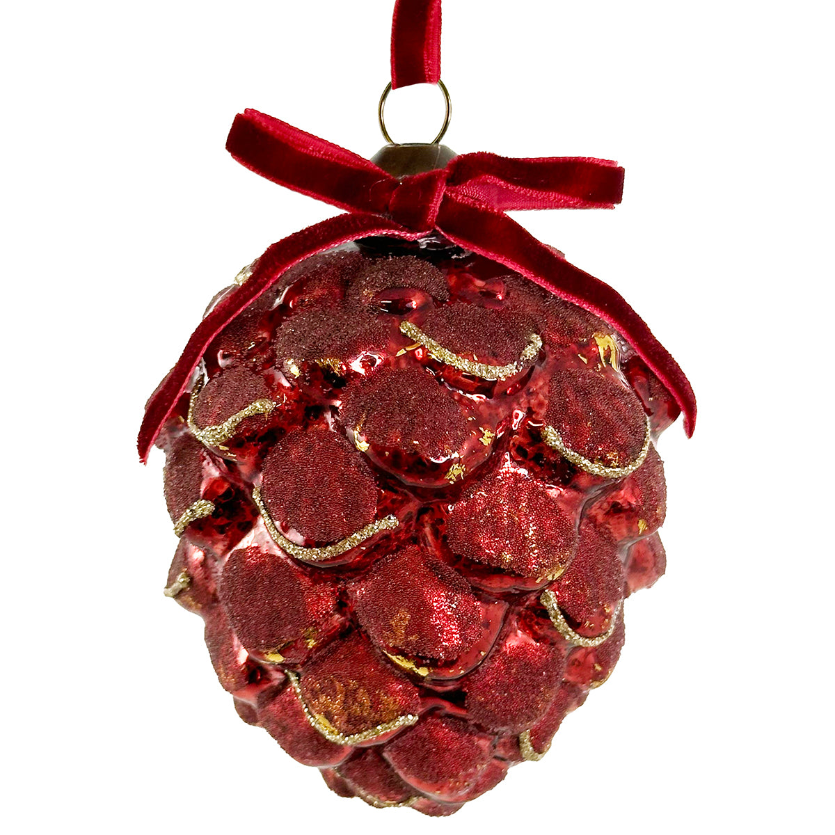 Shishi Round Cone Ornament - antique shiny red gold leaf beaded - 3.5"