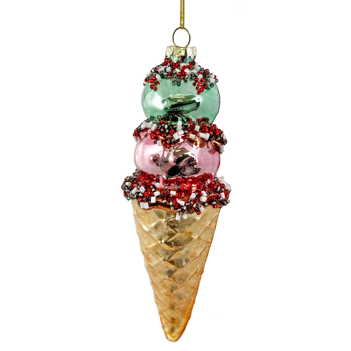 An image of Shishi Glass Ice Cream Cone Ornament - 6"
