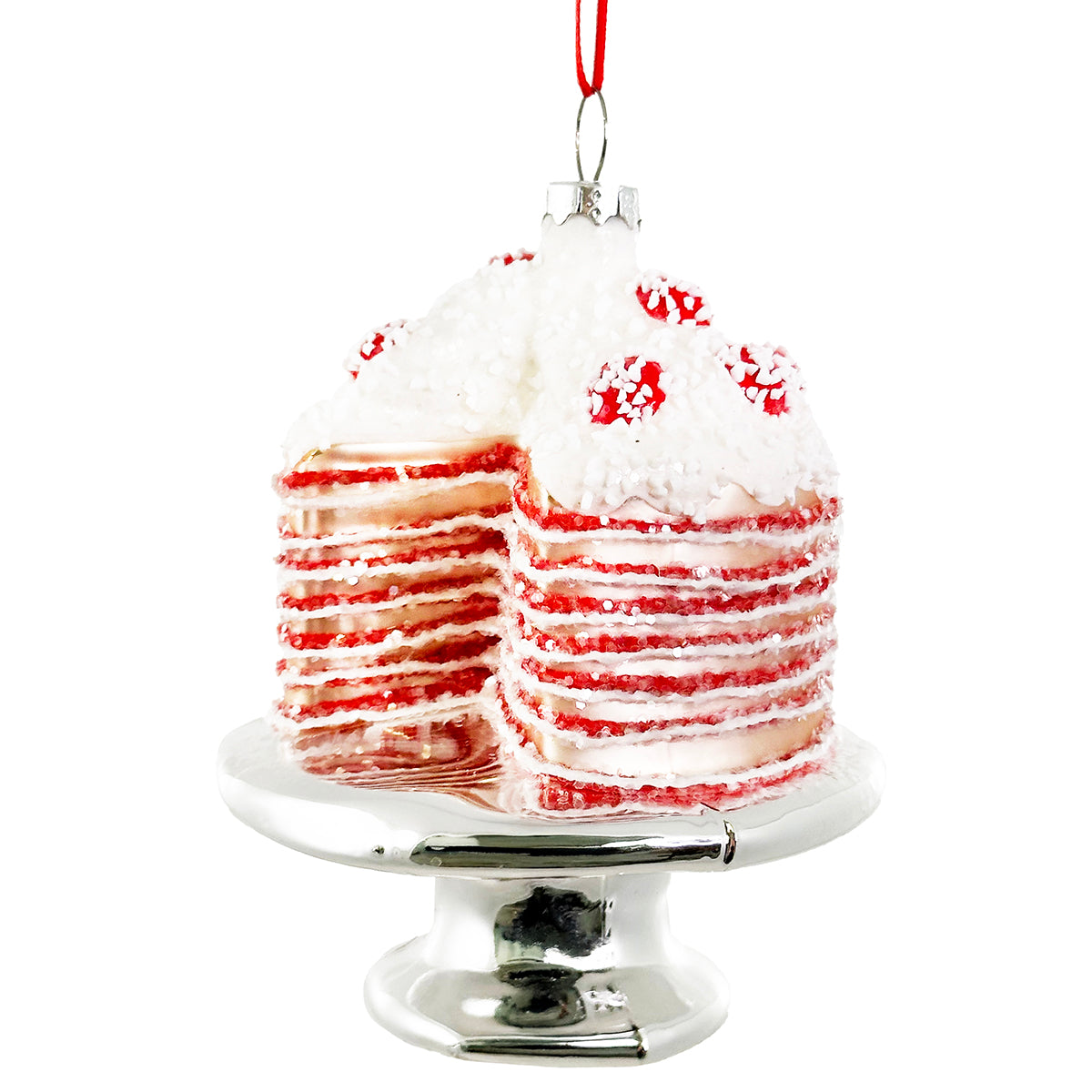 Shishi Glass Cake Ornament on stand 4.5"D - white / red