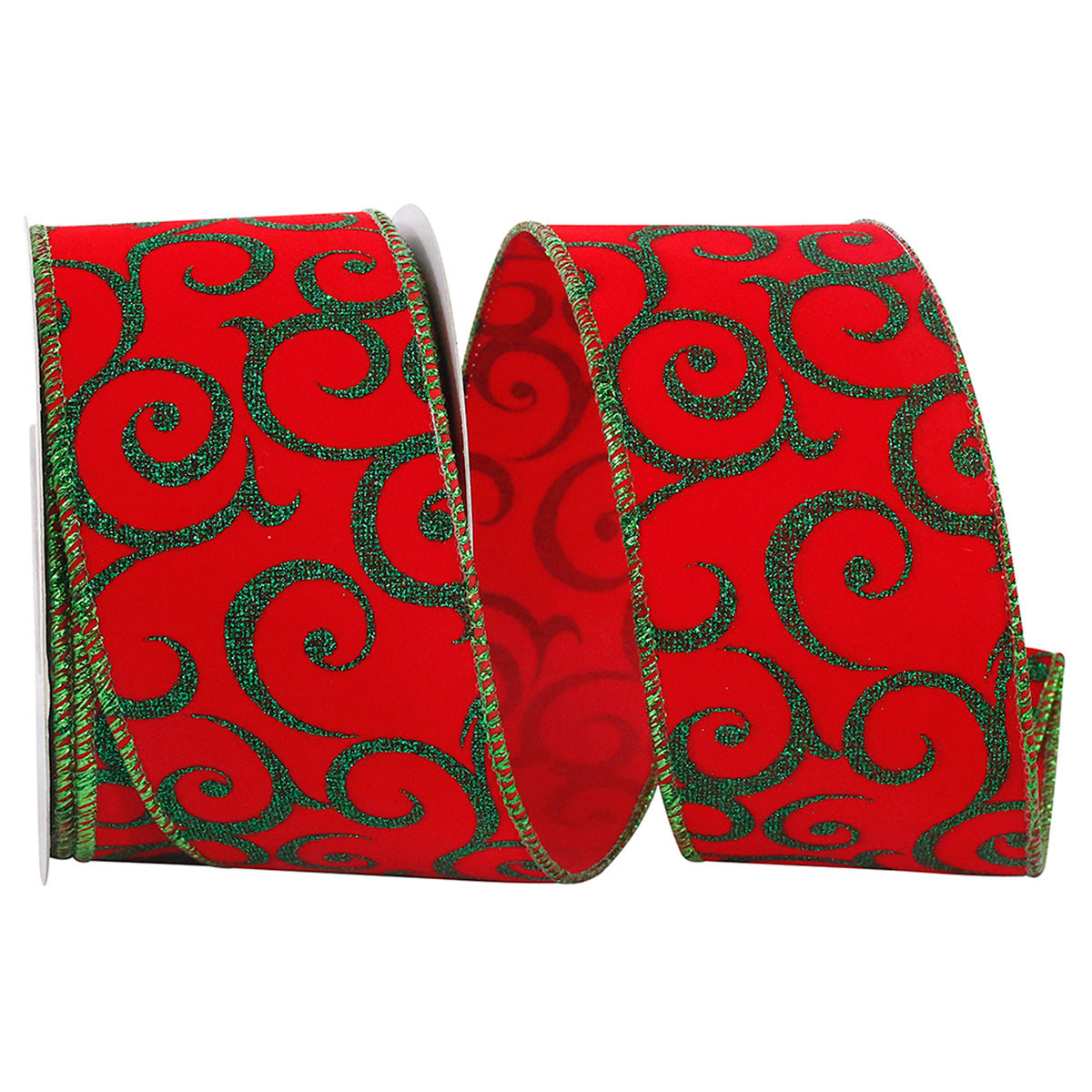 An image of Reliant Ribbon Glitter Scroll Velvet Emerald Wired Edge - 2.5in, 10 yd
