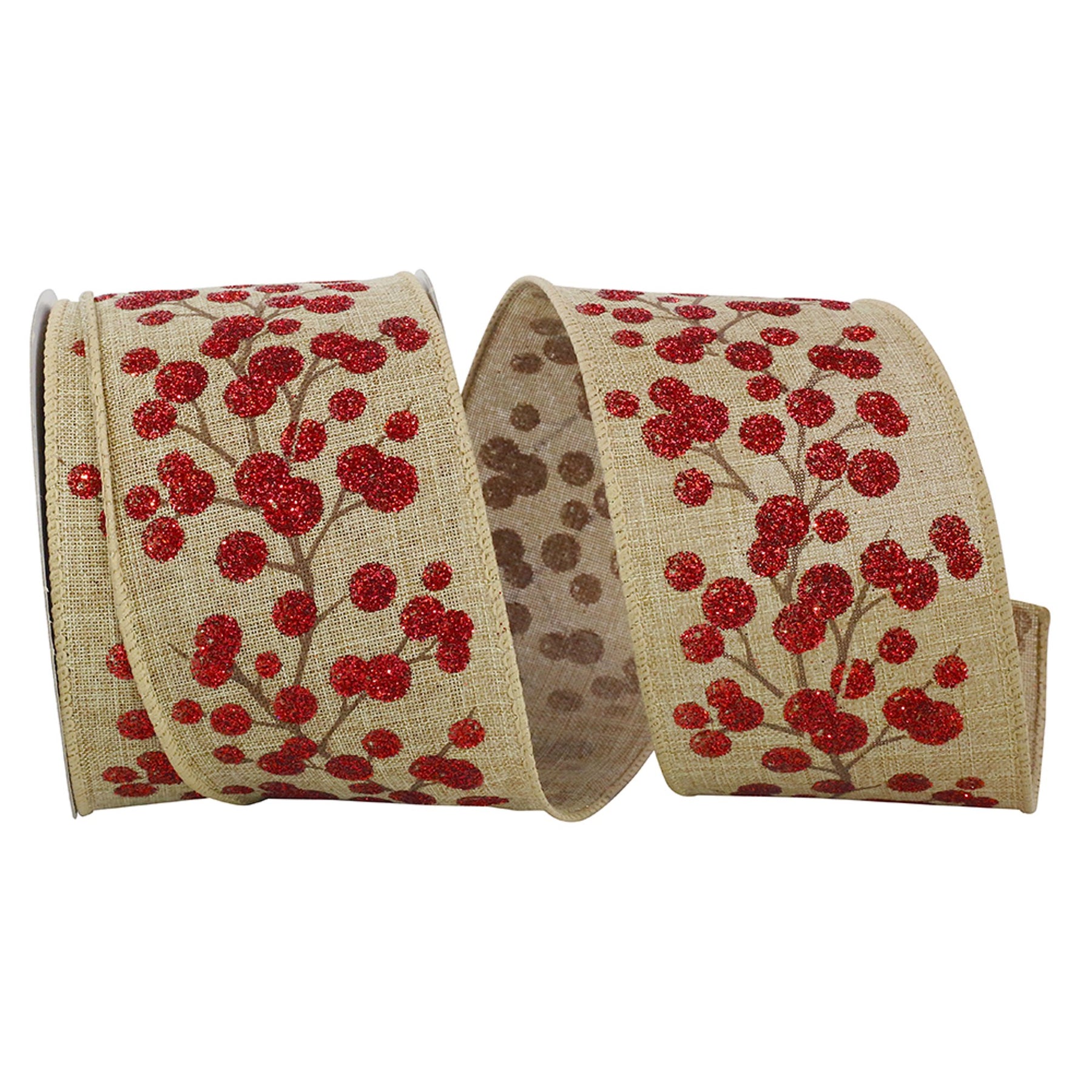 An image of Reliant Ribbon Large Berry Branch Linen Wired Edge - 2.5 in, 10 yd