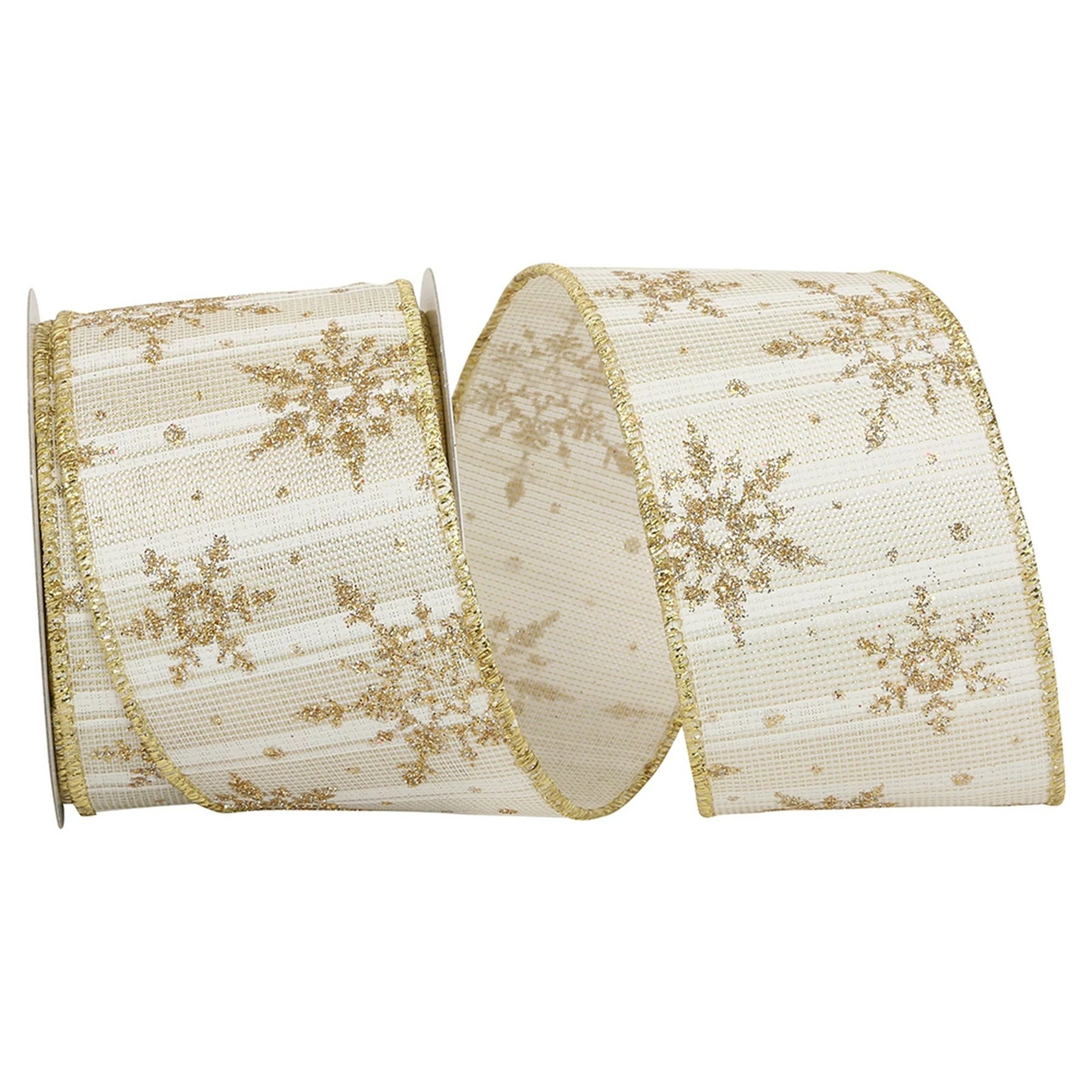 An image of Reliant Ribbon Golden Snowflakes Metallic Stripe Wired Edge - 2.5", 10 yd