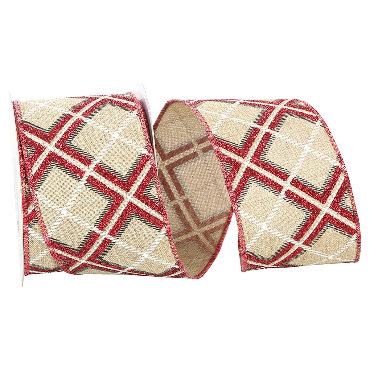 Reliant Ribbon Plaid Diagonal Mixed Glitter Linen Print Wired Edge, Natural/red, 2-1/2 Inch, 10 Yards