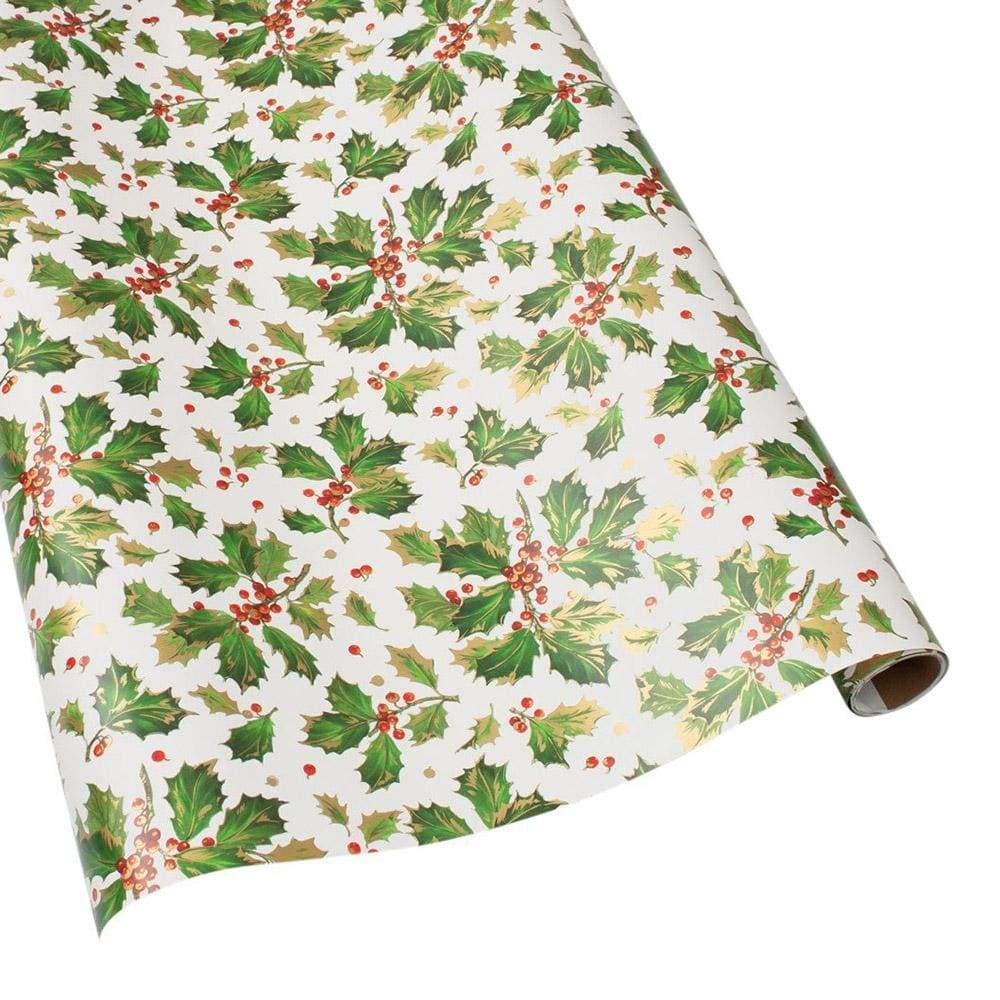 An image of Caspari Gilded Holly White Gift Wrap