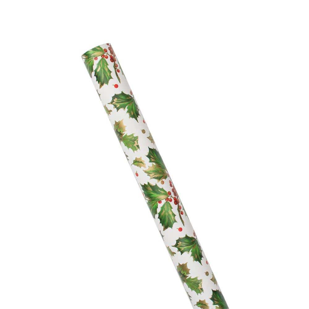 An image of Caspari Gilded Holly White Gift Wrap