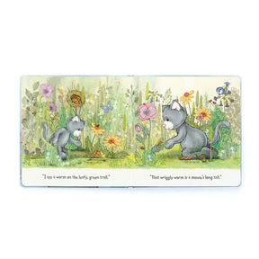 Jellycat When I Wonder Book "I spy a worm on the leaky, green trail." "That wriggly worm is a mouse's long tail."