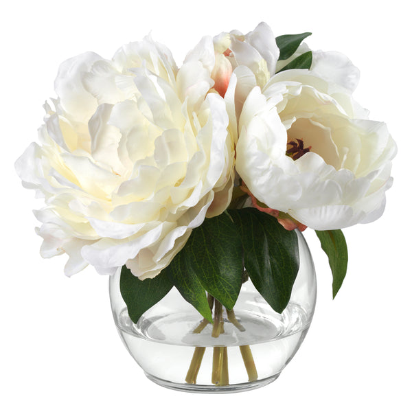 Diane James Blooms Cream Peony Bouquet in glass bowl  - 9"d x 8"h