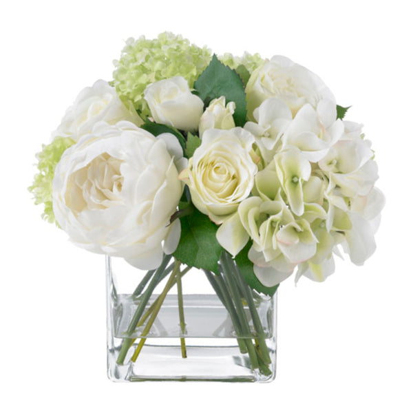 An image of Diane James Blooms Rose and Hydrangea Bouquet in glass cube - 10"d x 10"h