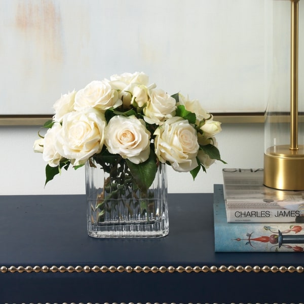 An image of Diane James Mixed roses in ribbed vase - 12"l x 8.5"w x 11"h