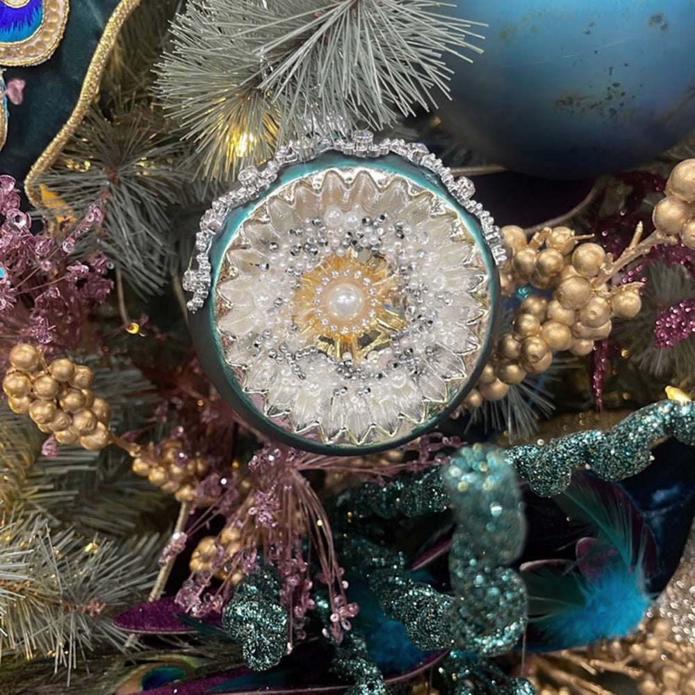 An image of David Christopher Ornate Pearl Teal Glass Ornament