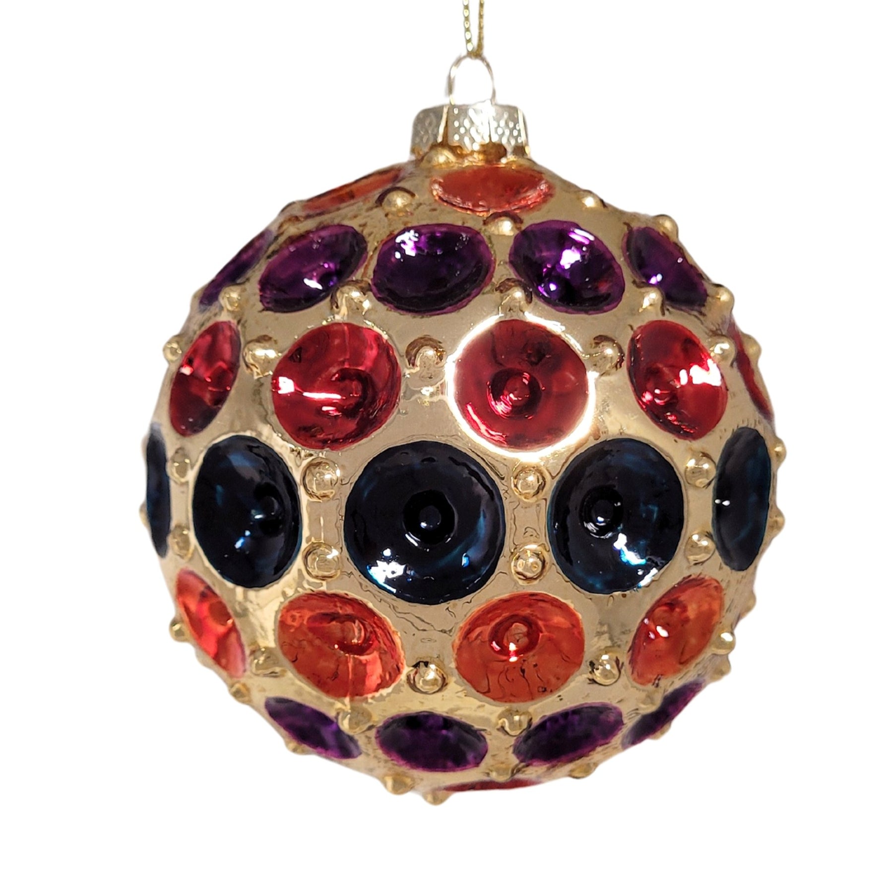 An image of David Christopher 3.5” Glass Jewel Tone Dot Ball Ornament - Gold/Purple/Red/Orange