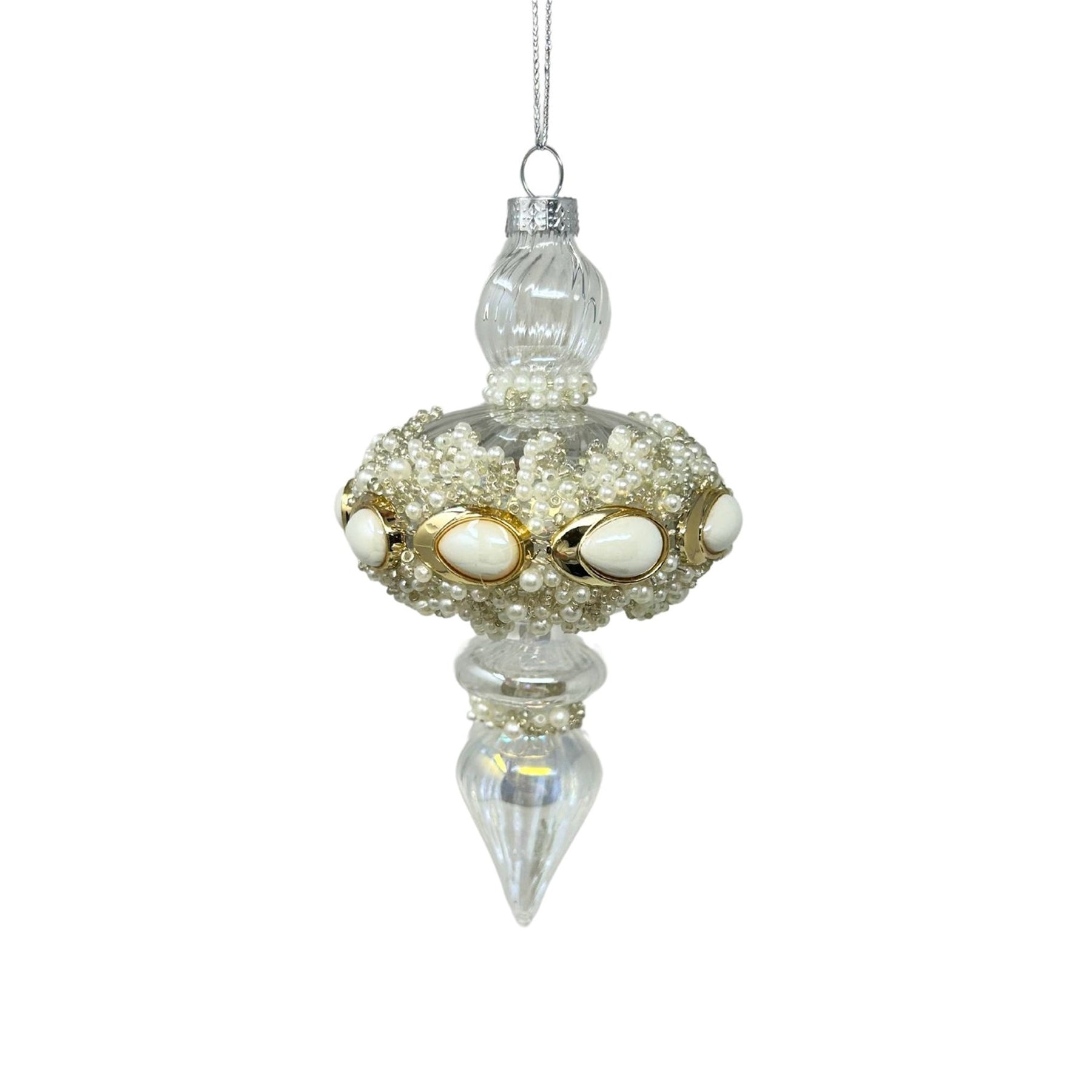 An image of David Christopher 5.5" Clear Glass Pearl Bead Finial Ornament
