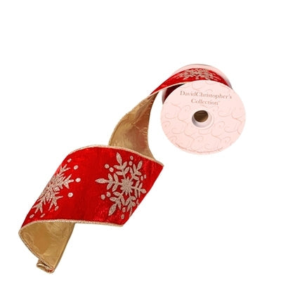 An image of David Christopher Crushed Red Velvet Platinum Glitter Snowflake Ribbon