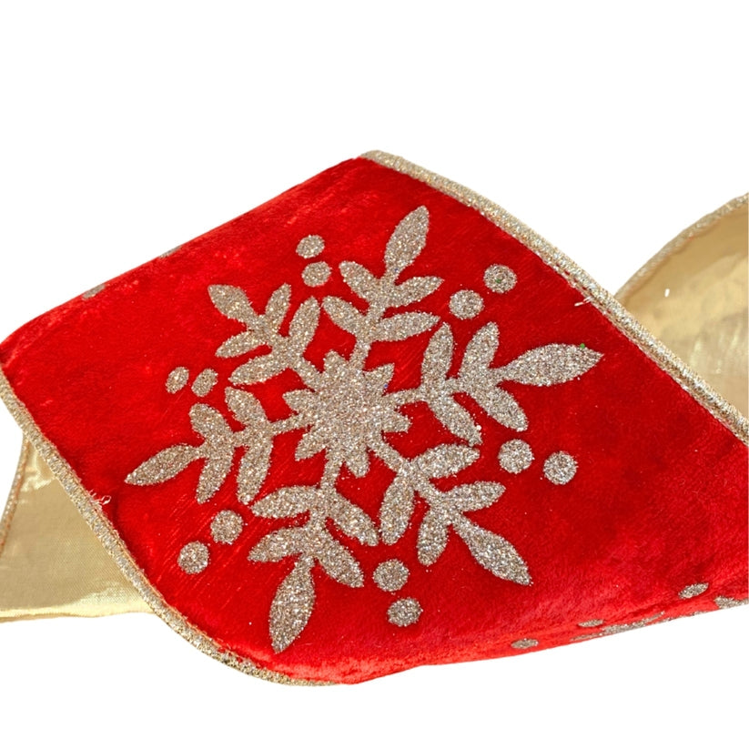 An image of David Christopher Crushed Red Velvet Platinum Glitter Snowflake Ribbon