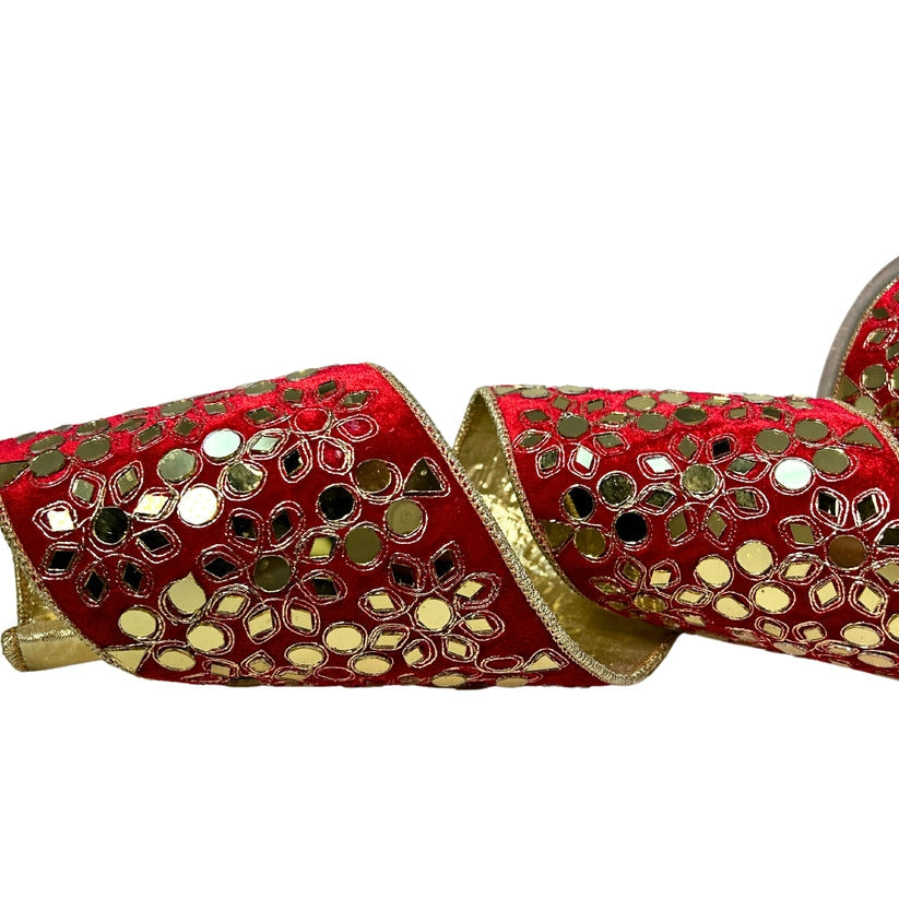 An image of David Christopher Metallic Red Faux Satin with Gold Mirror Pattern Ribbon