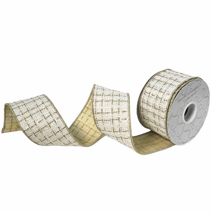 An image of David Christopher Woven White Gold Plaid Ribbon