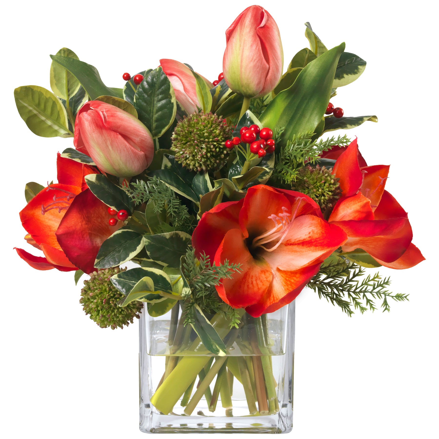An image of Diane James Red Amaryllis & Holly Bouquet in Vase