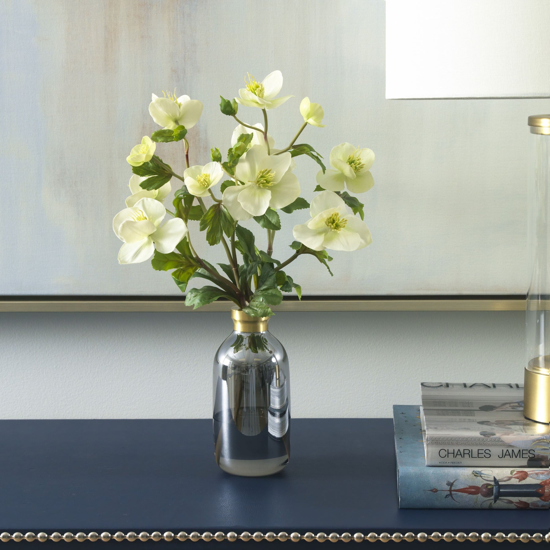An image of Diane James White Hellebores in Bud Vase, Grey with Gold