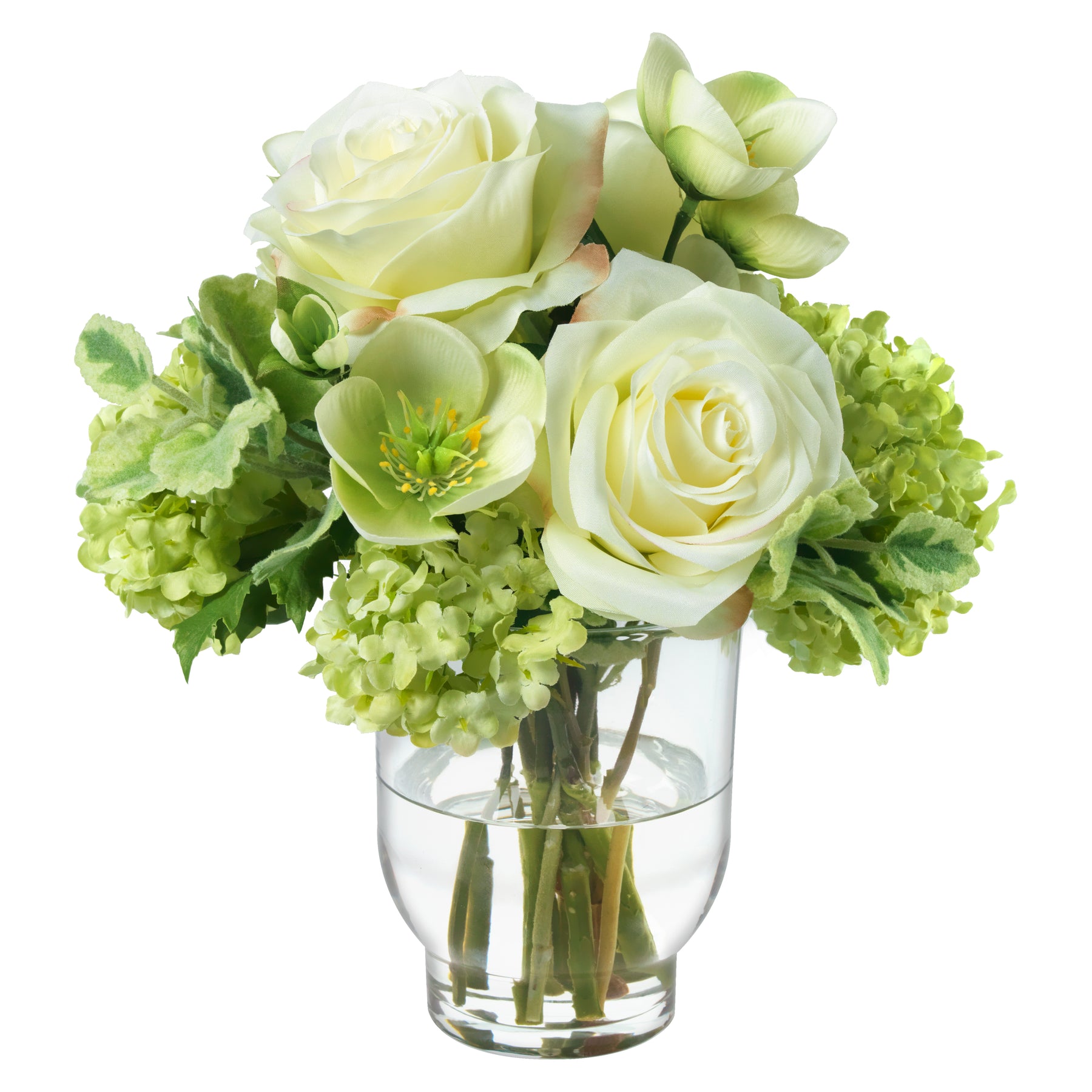 An image of Diane James Hellesbores, Roses & Snowball in Glass Vase