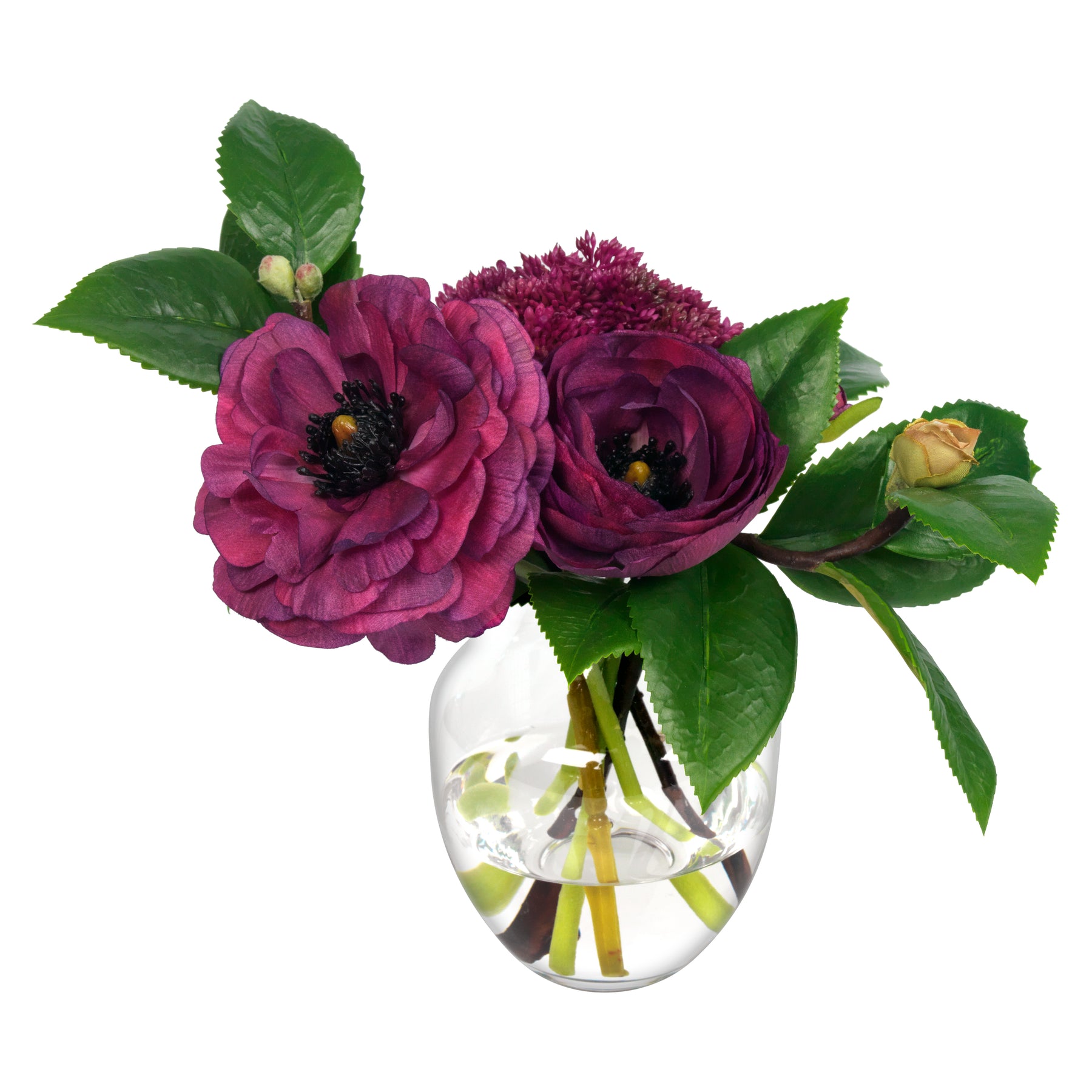 An image of Diane James Purple Ranunculus & Camellia Leaves in Bud Vase
