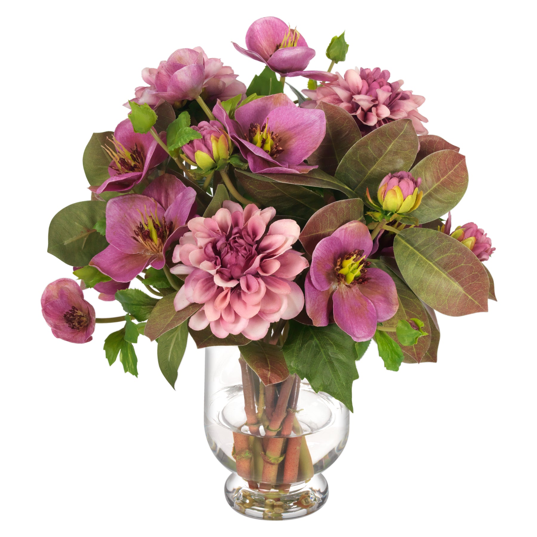 An image of Diane James Purple Hellebores & Dahlia in Glass Vase