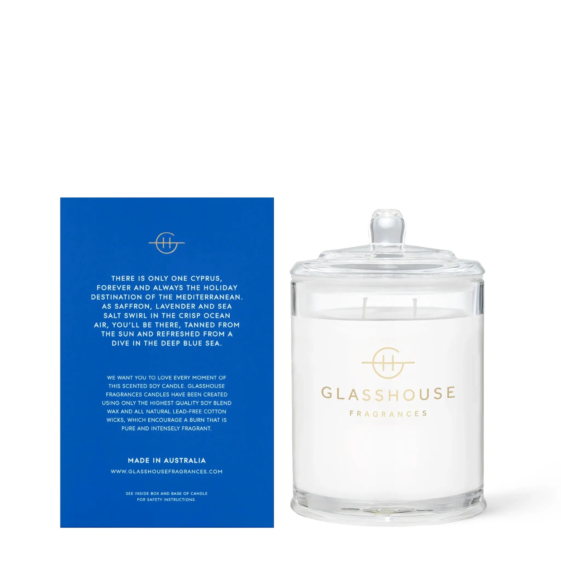 Glasshouse Fragrances Diving in Cyprus Soy Candle There is only one cyprus, forever and always the holiday destination of the mediterranean. As saffron, lavender and sea salt swirl in the crisp ocean air, you'll be there, tanned from the sun and refreshed from the sun and refreshed from a dive in the deep blue sea. We want you to love every moment of this scented soy candle. Glasshouse fragrances candles have been created using only the highest quality soy blend wax and all natural led-free cotton wicks, wh