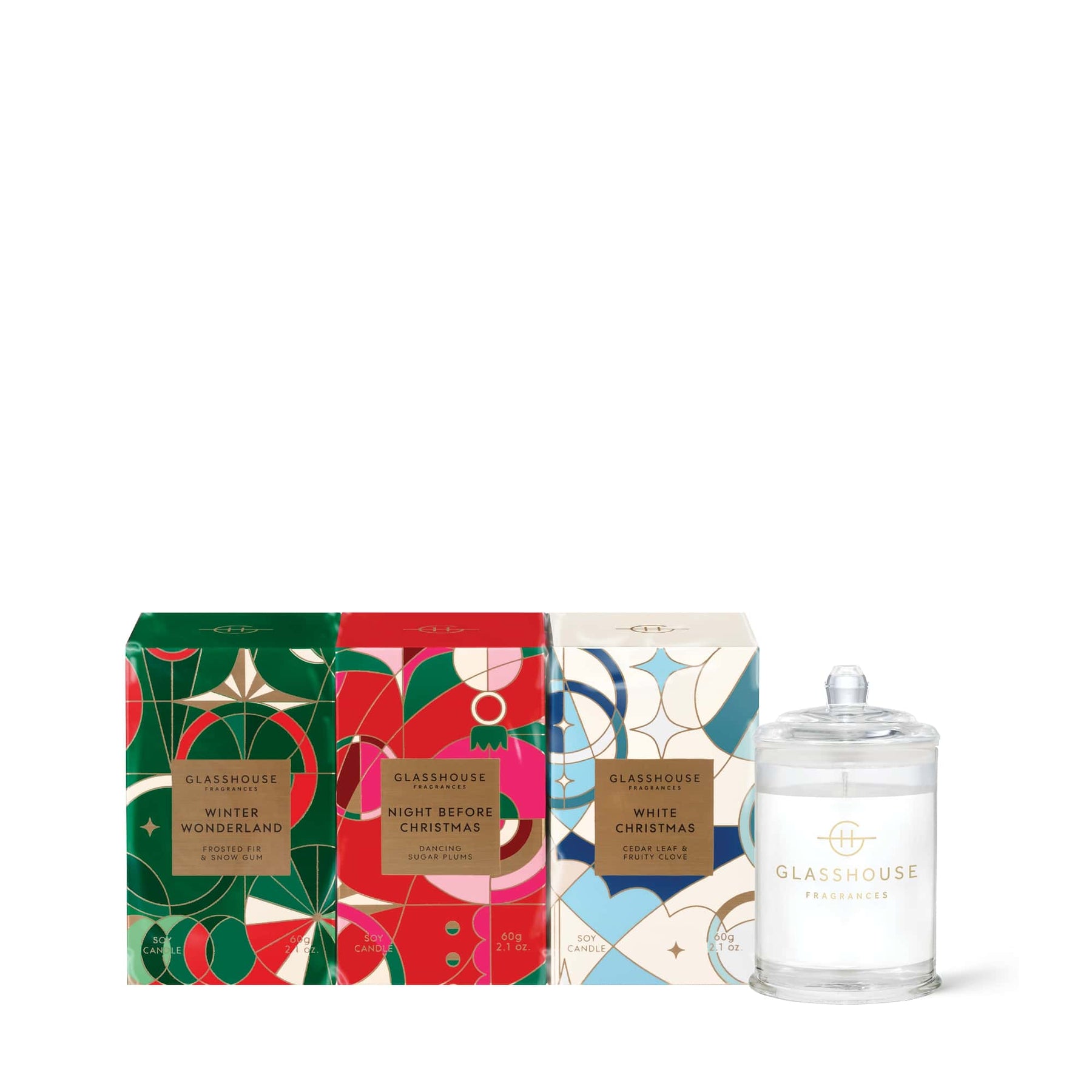 An image of Glasshouse Christmas Trio Candle Set - Winter Wonderland, Night Before Christmas, White Christmas