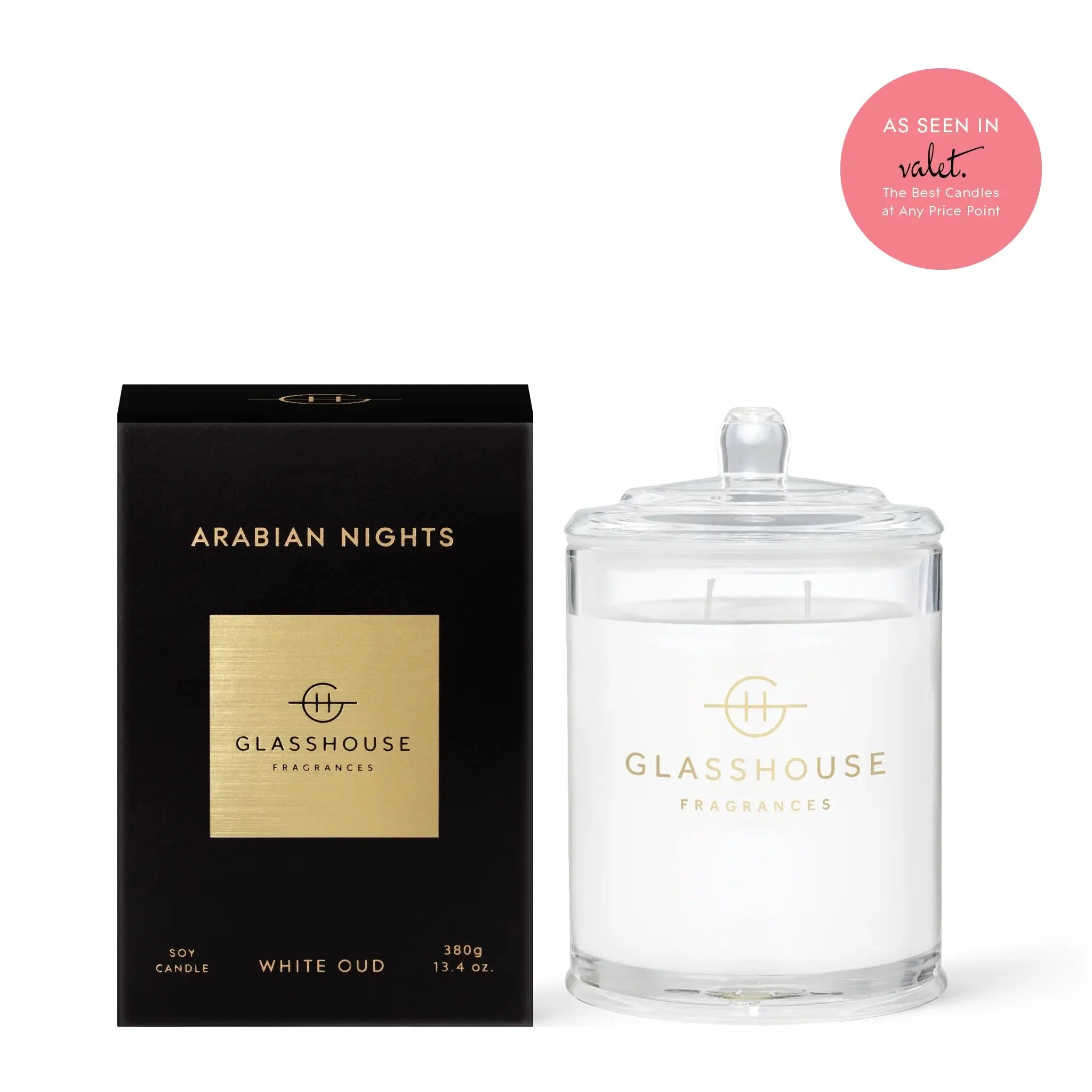 Glasshouse Fragrances Arabian Nights Soy Candle White Oud 380 grams 13.4 ounces As seen in valet. The best candles at any price point.