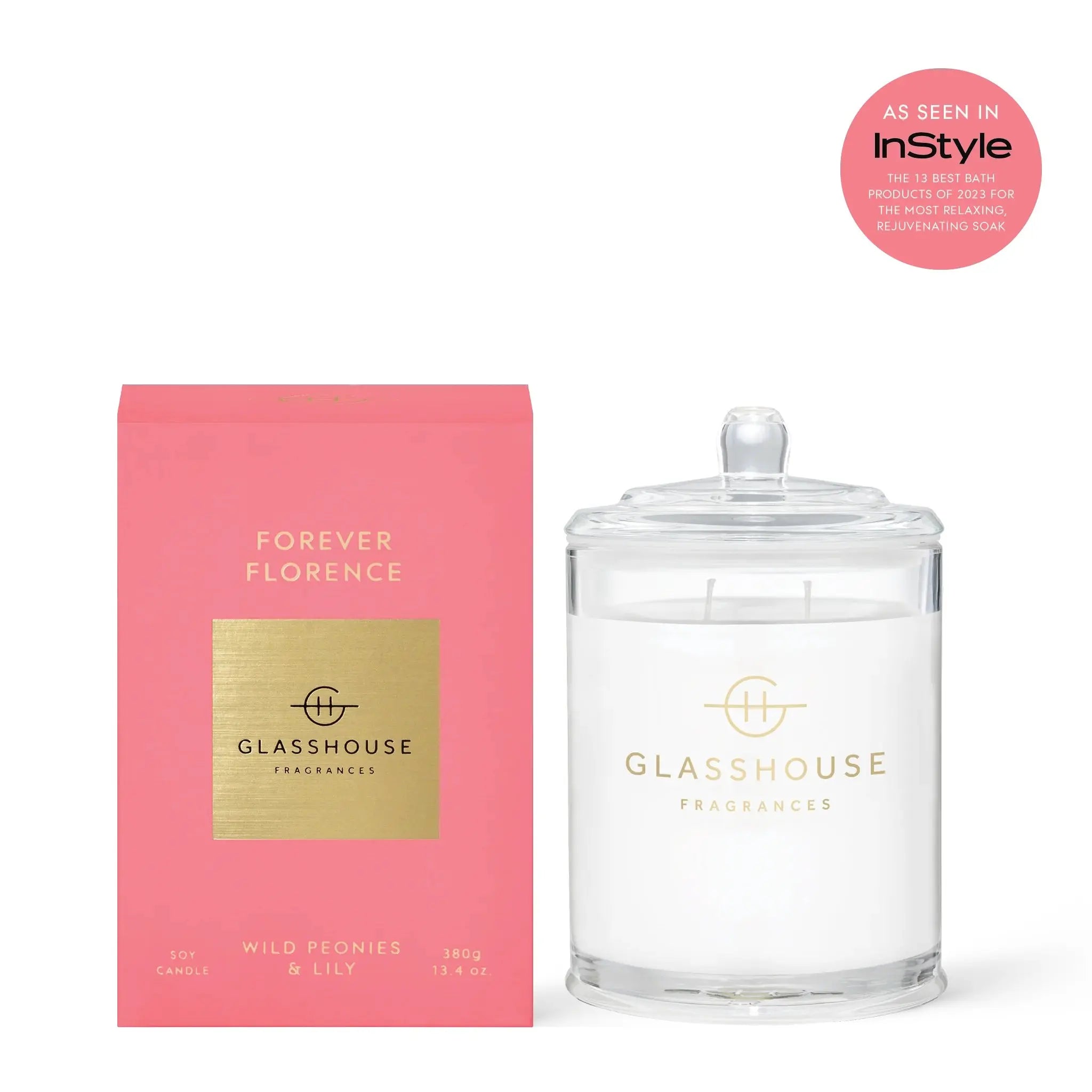 Glasshouse Fragrances Forever Florence Soy Candle Wild Peonies and Lily 380 grams 13.4 ounces As seen in InStyle The thirteen best bath products of 2023 for the most relaxing, rejuvenating soak