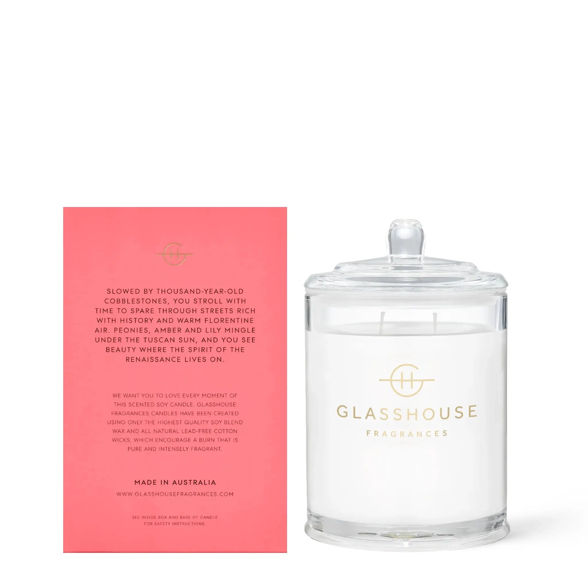 Slowed by Thousand-year-old cobblestones, you stroll with time to spare through streets rich with history and warm florentine air. Peonies, Amber and lily mingle under the tuscan sun, and you see beauty where the spirit of the renaissance lives on.We want you to love every moment of this scented soy candle. Glasshouse fragrances candles have been created using only the highest quality soy blend wax and all natural led-free cotton wicks, which encourage a burn that is pure and intensely fragrant. Made in Aus
