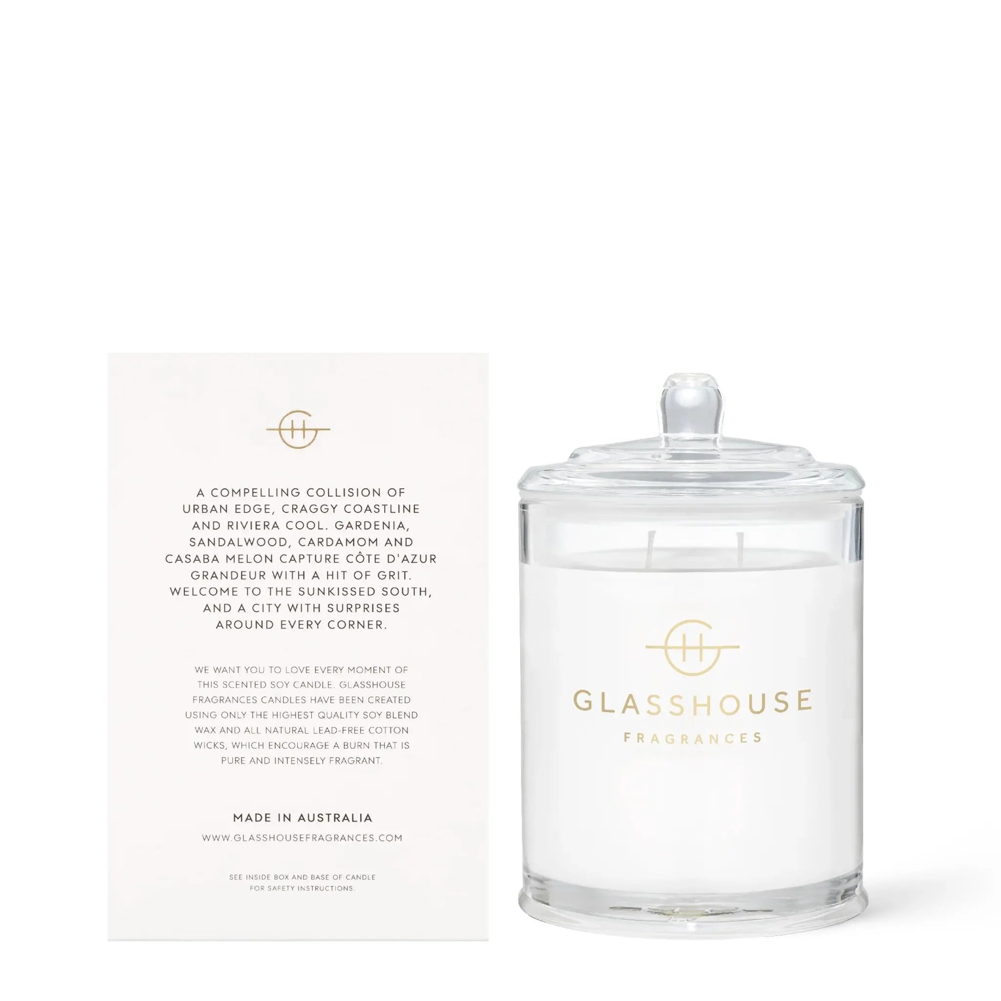 Glasshouse Fragrances Marseille Memoir Soy Candle Gardenia back of box reading, A compelling collison of urban edge, craggy coastline and riviera cool. Gardenia, sandalwood, caramom and casaba melon capture cote d'azure grandeur with a hit of grit. Welcome to the sunkissed south, and a city with surprises around every corner. We want you to love every moment of this scented soy candle. Glasshouse fragrances candles have been created using only the highest quality soy blend wax and all natural led-free cotto