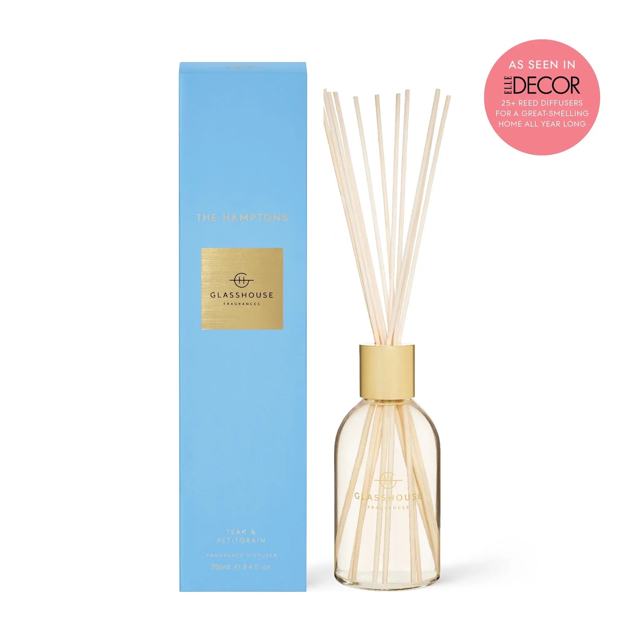 Glasshouse Fragrance Diffuser The Hamptons Teak and Petitgrain 250 mL 8.4 fluid ounce As seen in ELLE DECOR twenty five plus reed diffusers for a great smelling home all year long
