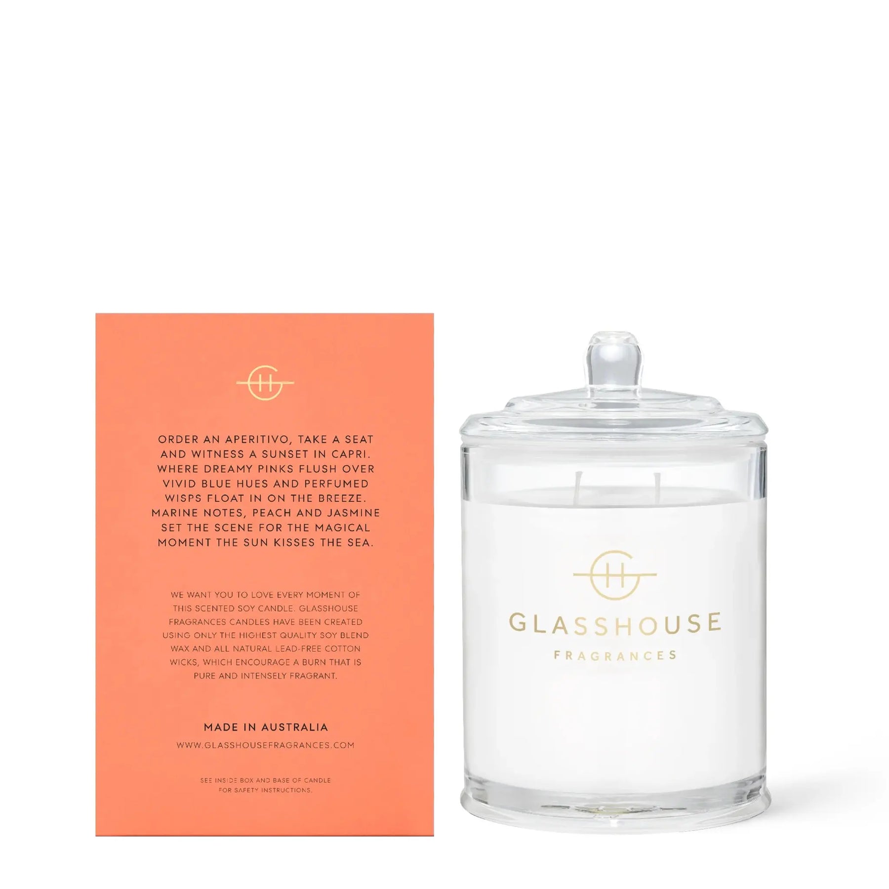 Glasshouse Fragrances Sunsets in Capri Soy Candle White Peach and Sea Breeze back of box reading, order an aperitivo, take a seat and withness a sunset in capri. Where dreamy pinks flush over vivid blue hues and perfumed wisps float in on the breeze. Marine Notes, peach and jasmine set the scene for the magical moment the sun kisses the sea. We want you to love every moment of this scented soy candle. Glasshouse fragrances candles have been created using only the highest quality soy blend wax and all natura