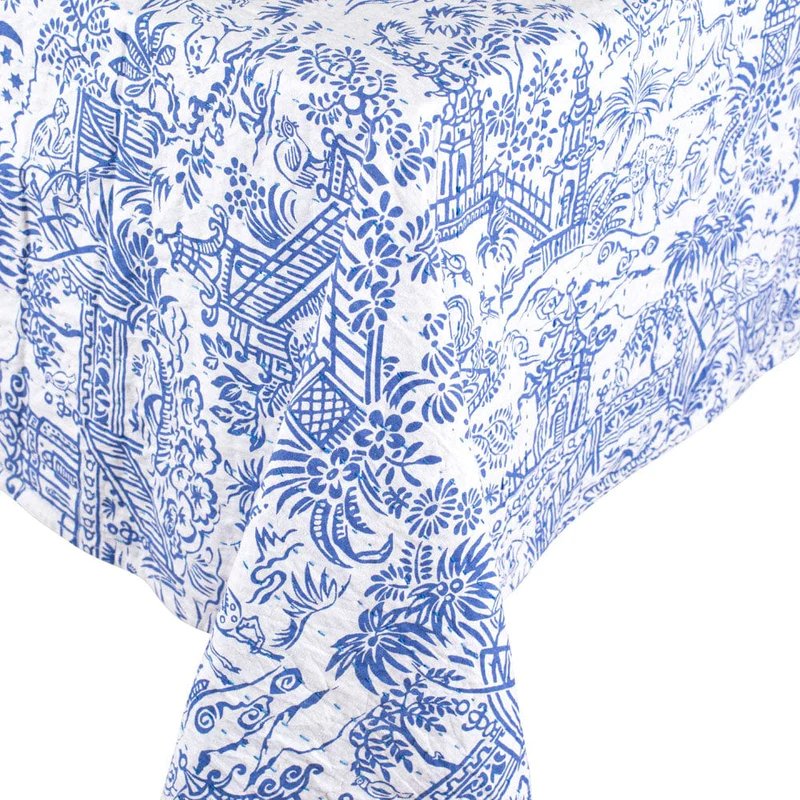 An image of Caspari Pagoda Toile Reversible Kantha Table Cover