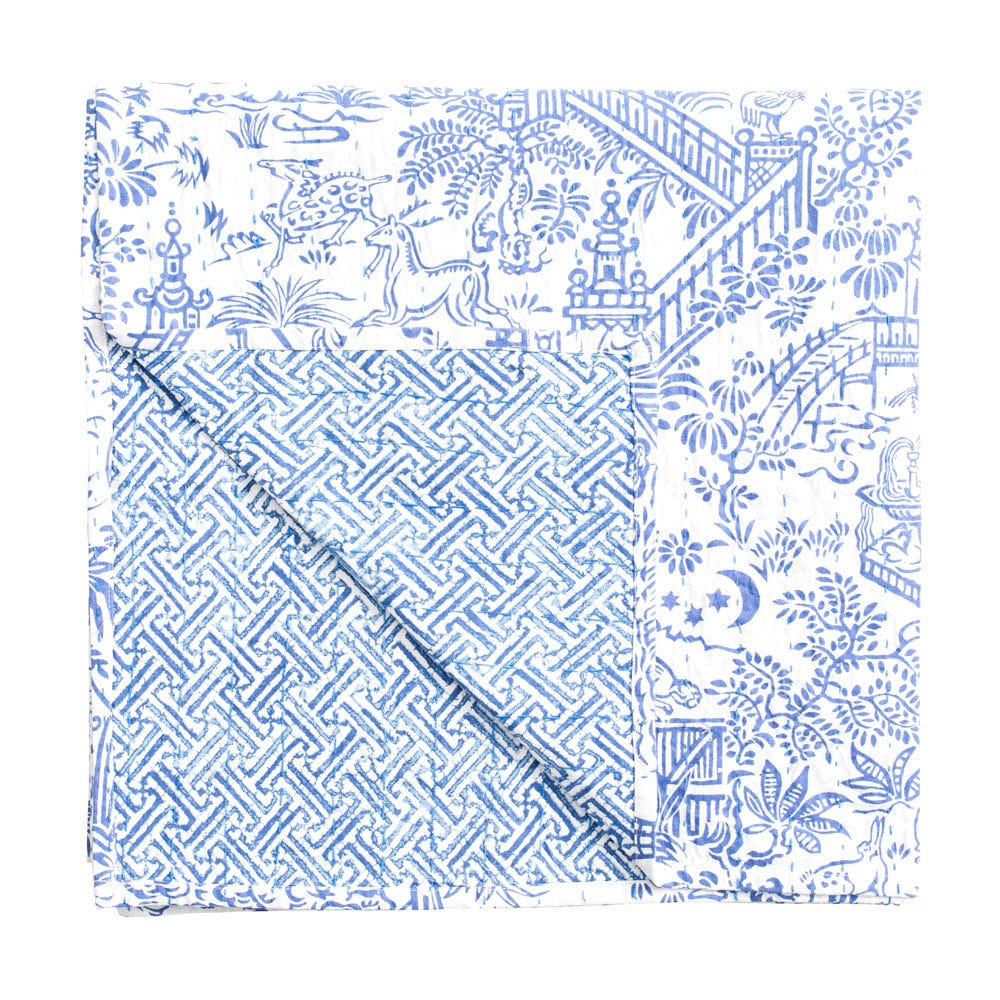 An image of Caspari Pagoda Toile Reversible Kantha Table Cover