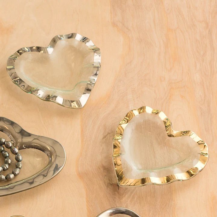An image of Annieglass 8" Ruffle Heart Bowl 24 K Gold