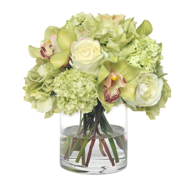 An image of Diane James Hydrangea and orchid bouquet in glass cylinder - 10"d x 10"h