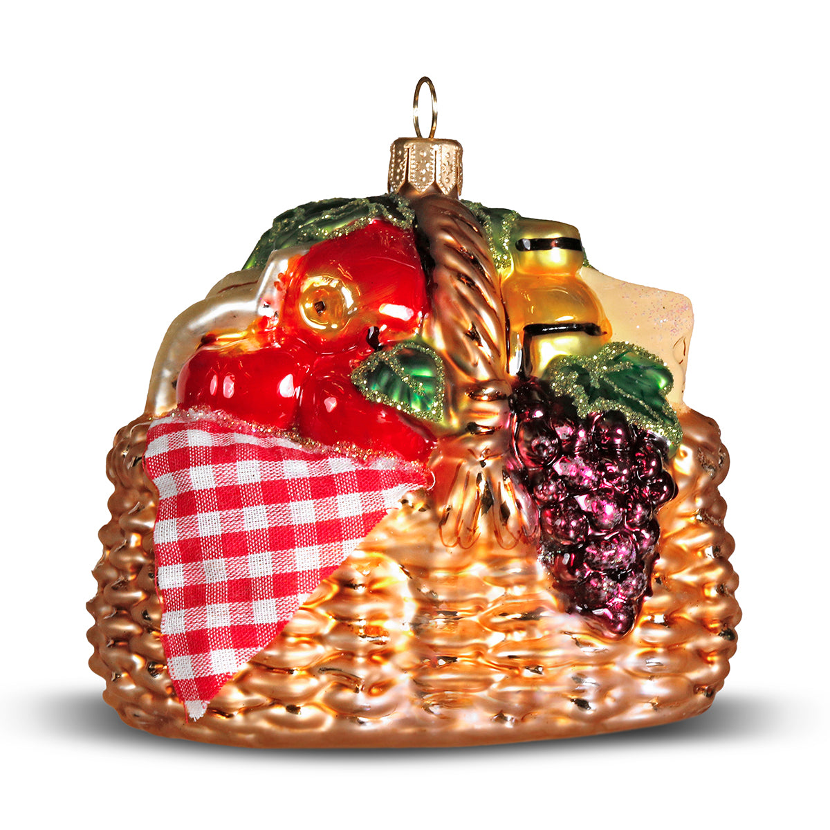 An image of Winter Street Picnic Basket with Cloth and Wine Ornament