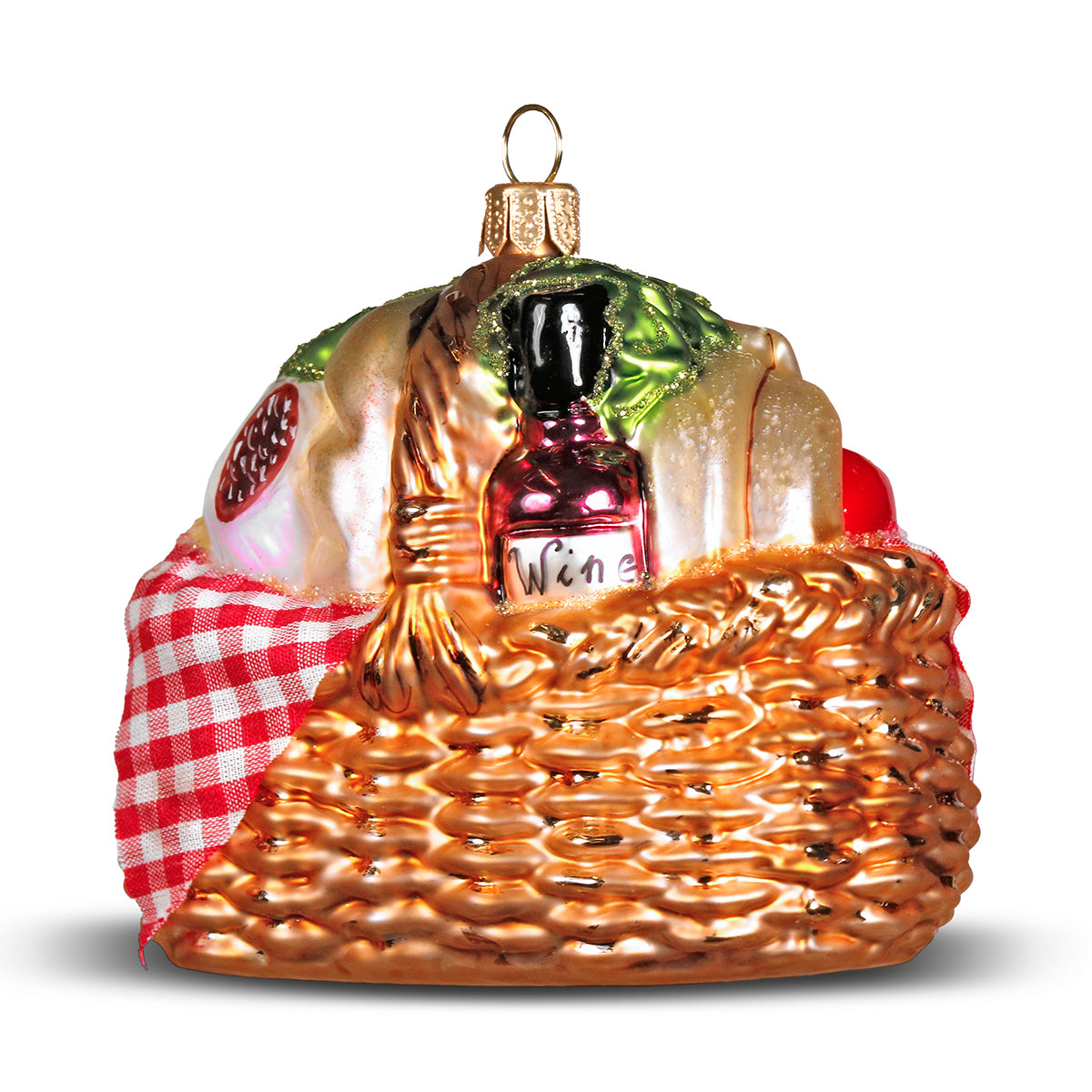 Winter Street Picnic Basket with Cloth and Wine Ornament