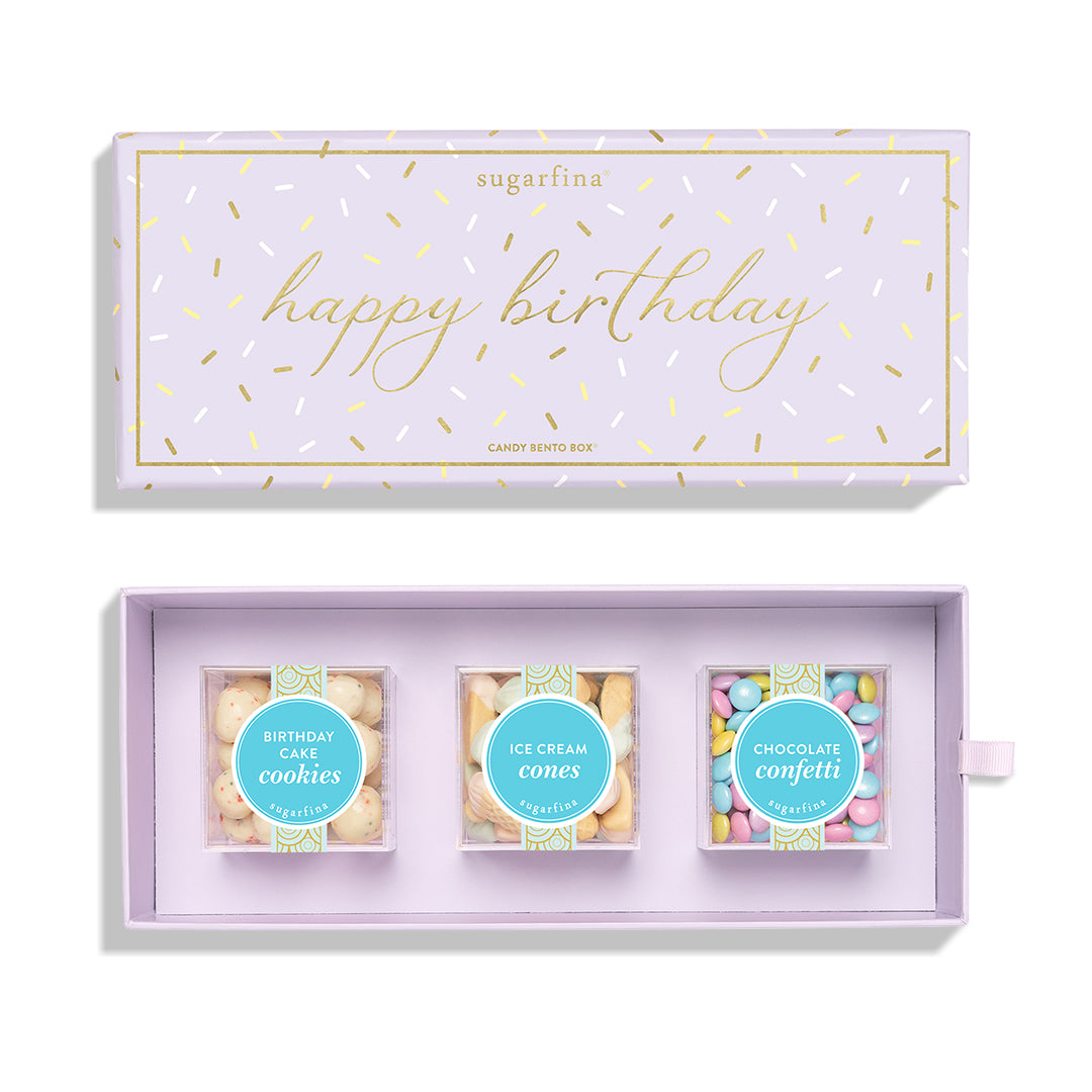 An image of Sugarfina Happy Birthday 3-Piece Candy Bento Box