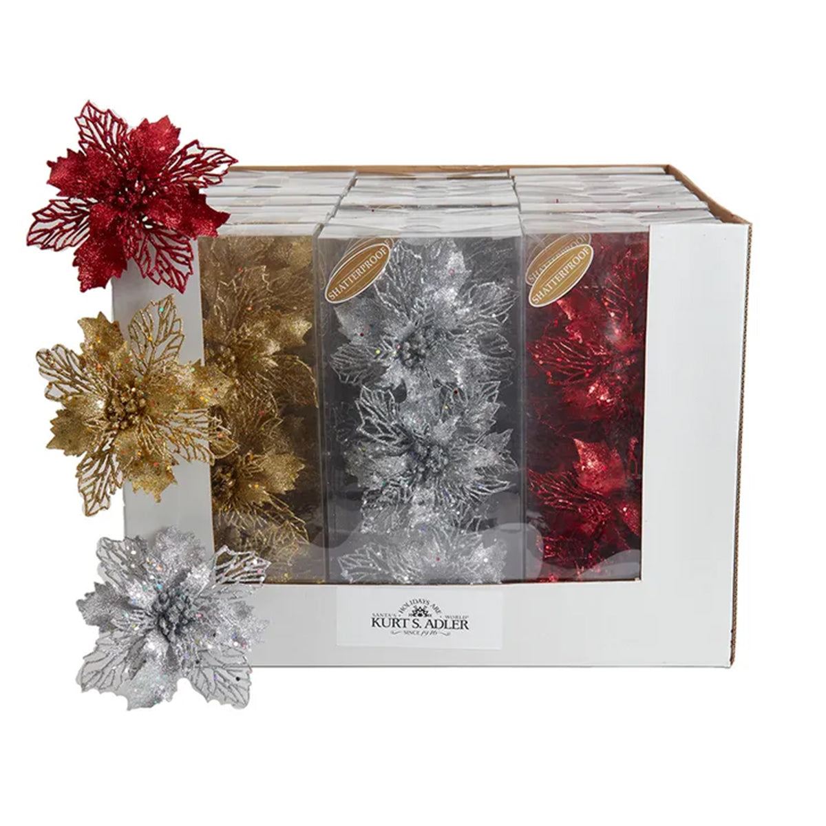 An image of Kurt Adler Glitter Poinseta Clips (Box of 3)