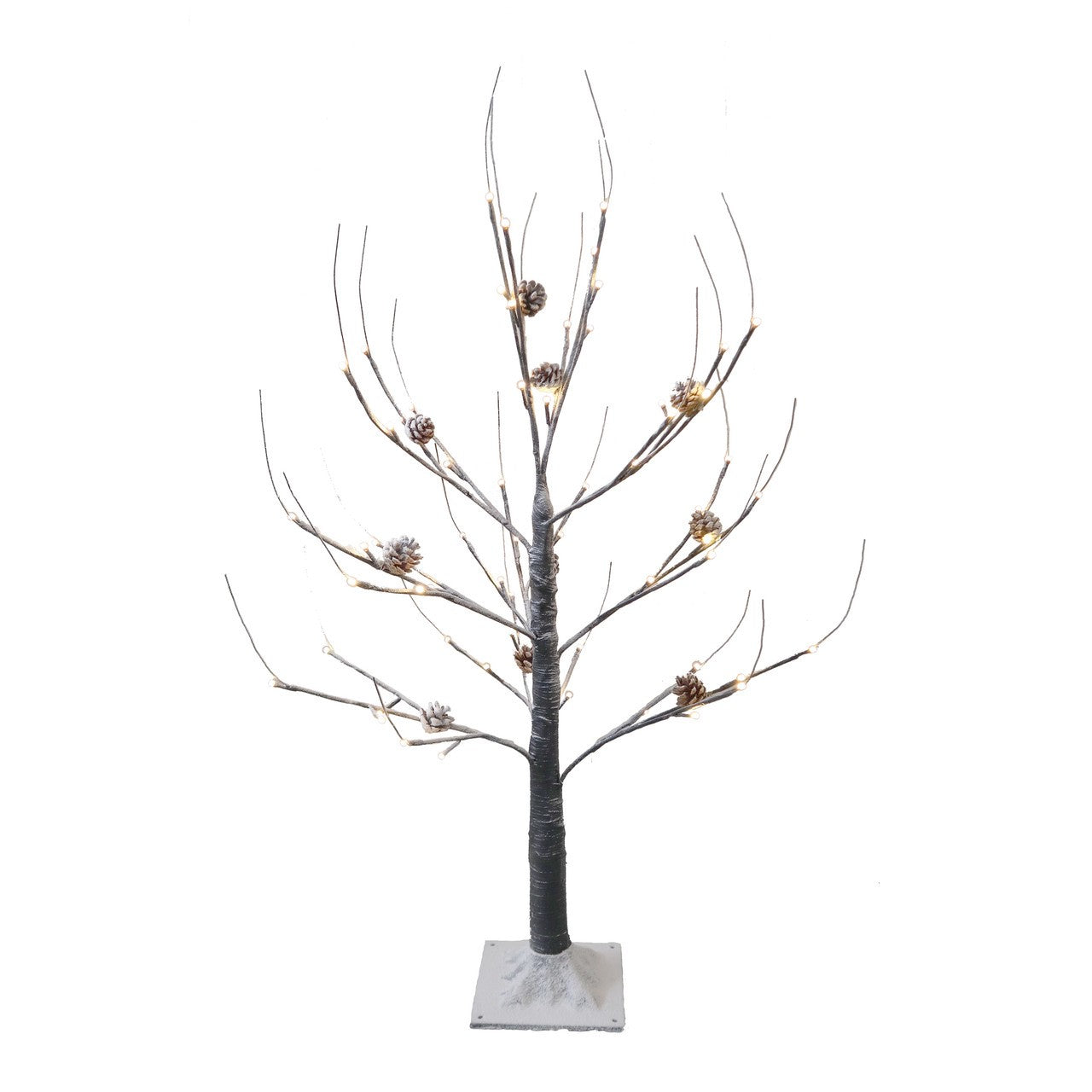 An image of Kurt Adler Pre-Lit Warm White Fairy LED Flocked Brown Twig Tree with Pinecones