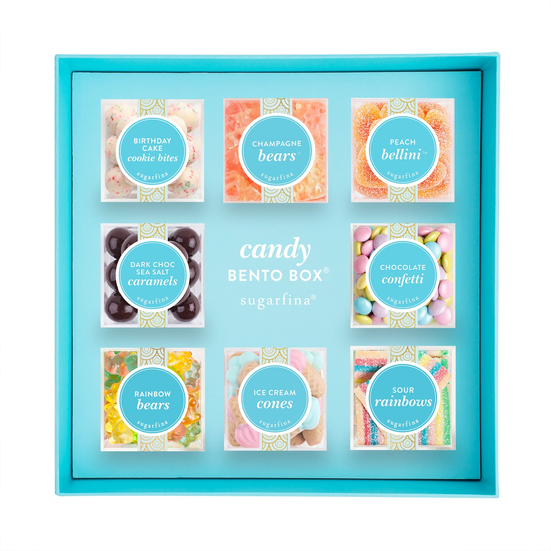An image of Sugarfina Happy Birthday 8-Piece Candy Bento Box