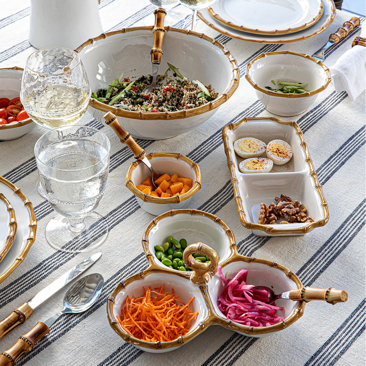 An image of Juliska Bamboo 9" Triple Bowl Server - Natural