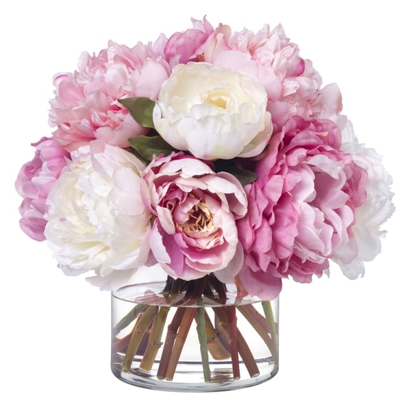 An image of Diane James Pink and Cream peonies in glass cylinder vase - 12"d x 12"h