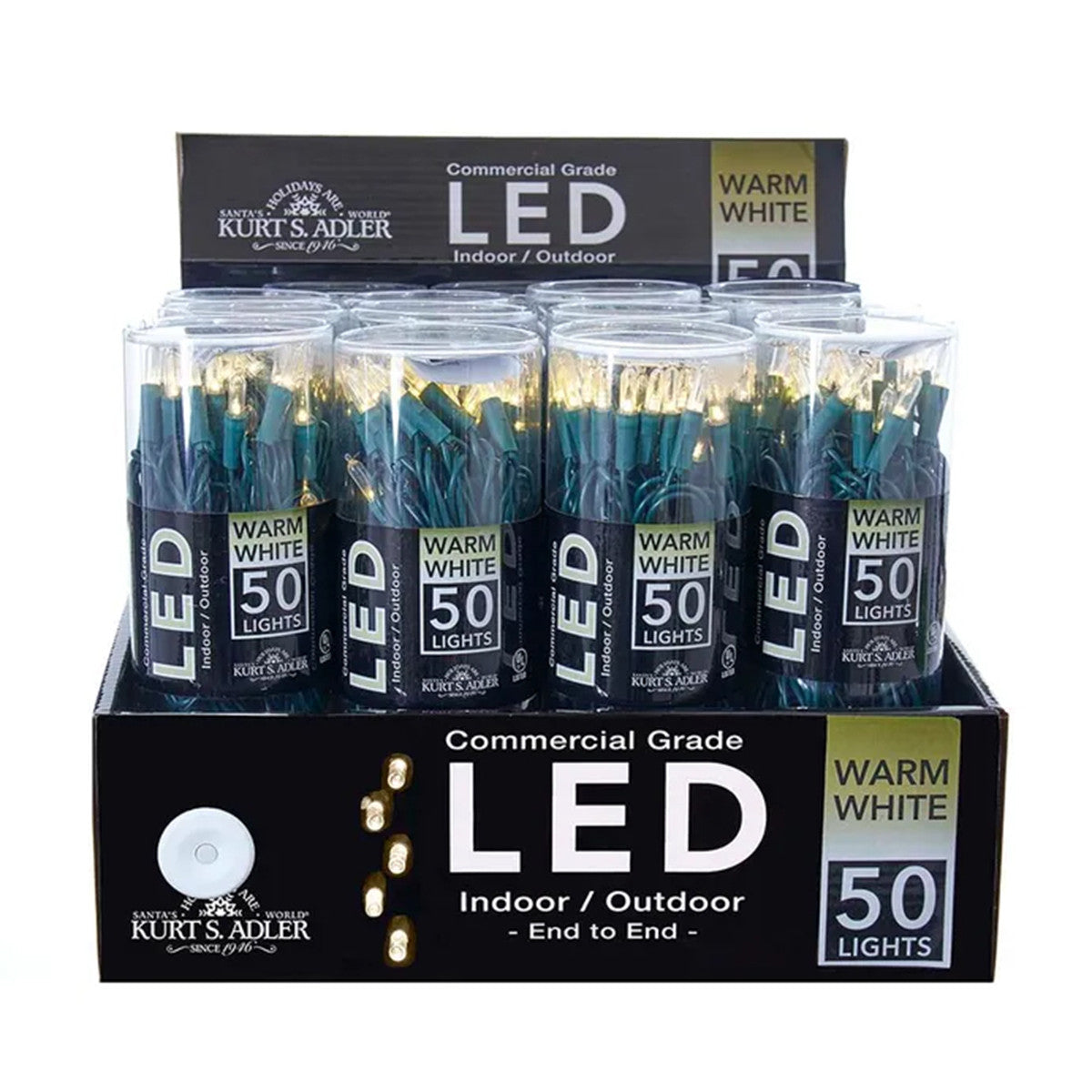 An image of Kurt Adler 50-Light Warm White Nostalgic LED Green Wire Light Set - 25.5ft