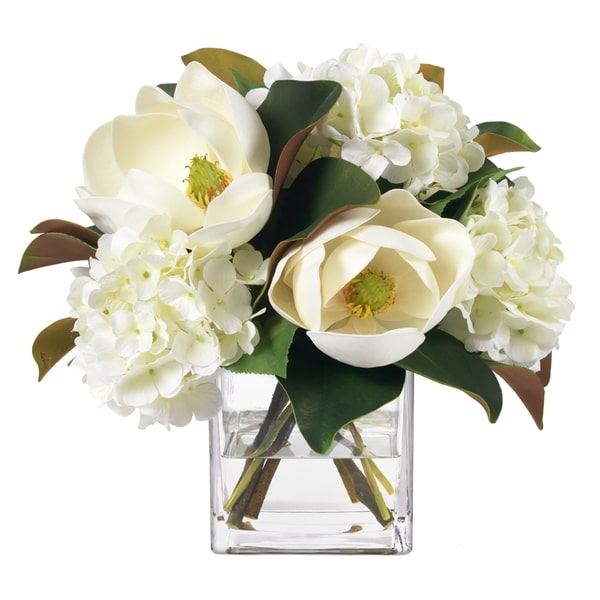 An image of Diane James Magnolia and hydrangea in square vase - 12"d x 12"h