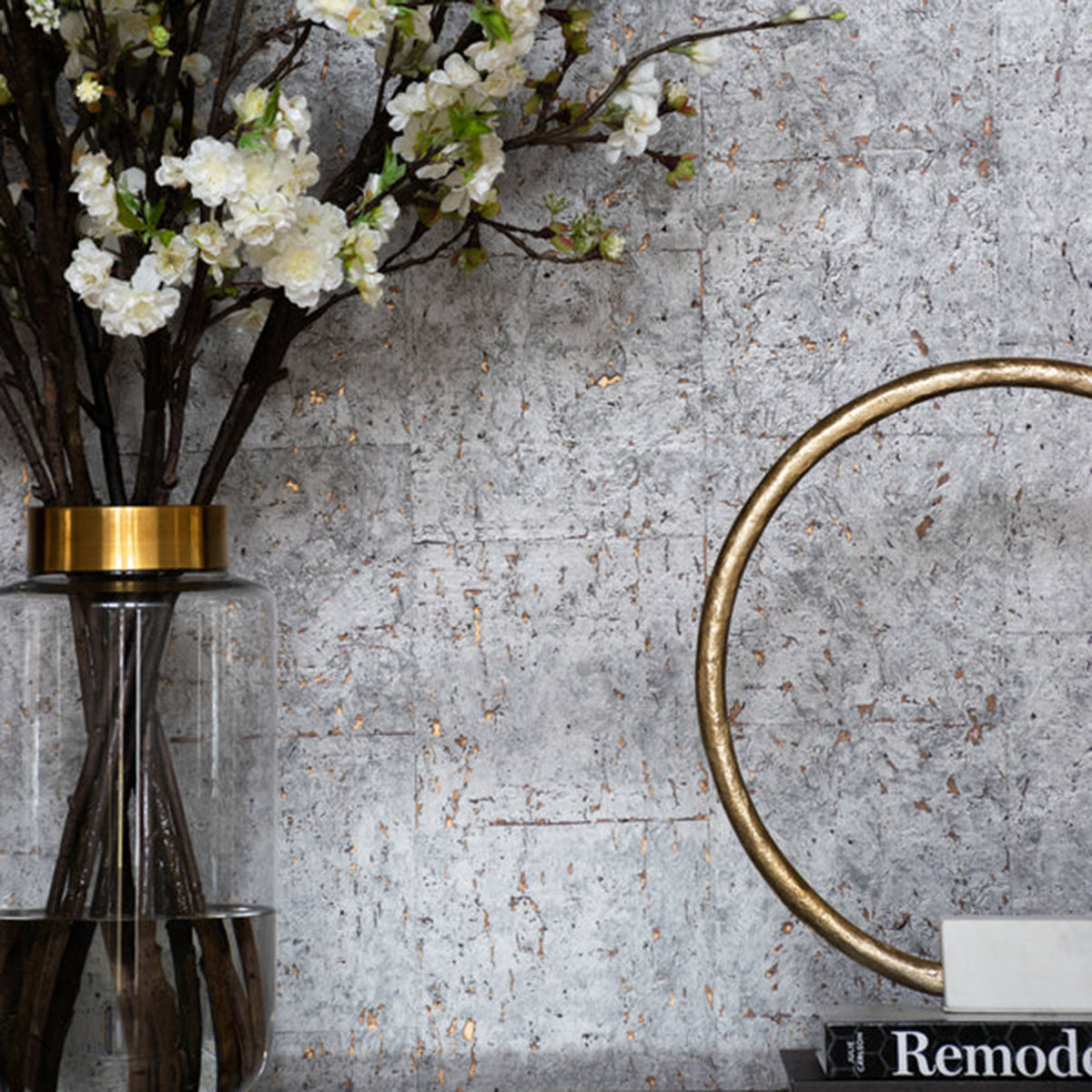 An image of Diane James Mixed blossom branches in tall vase with gold band -36" x 48"
